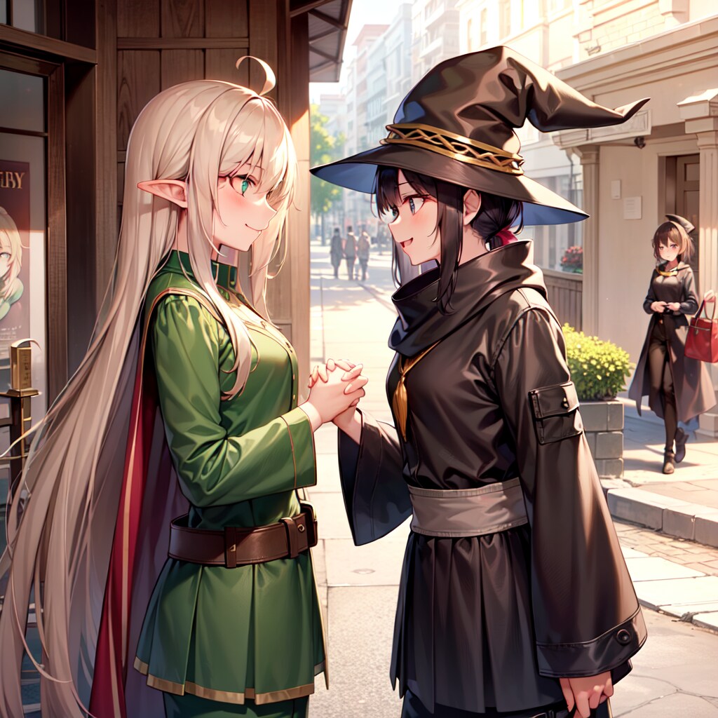 魔物討伐完遂後に街へ来たエルフ魔女に挨拶する魔女