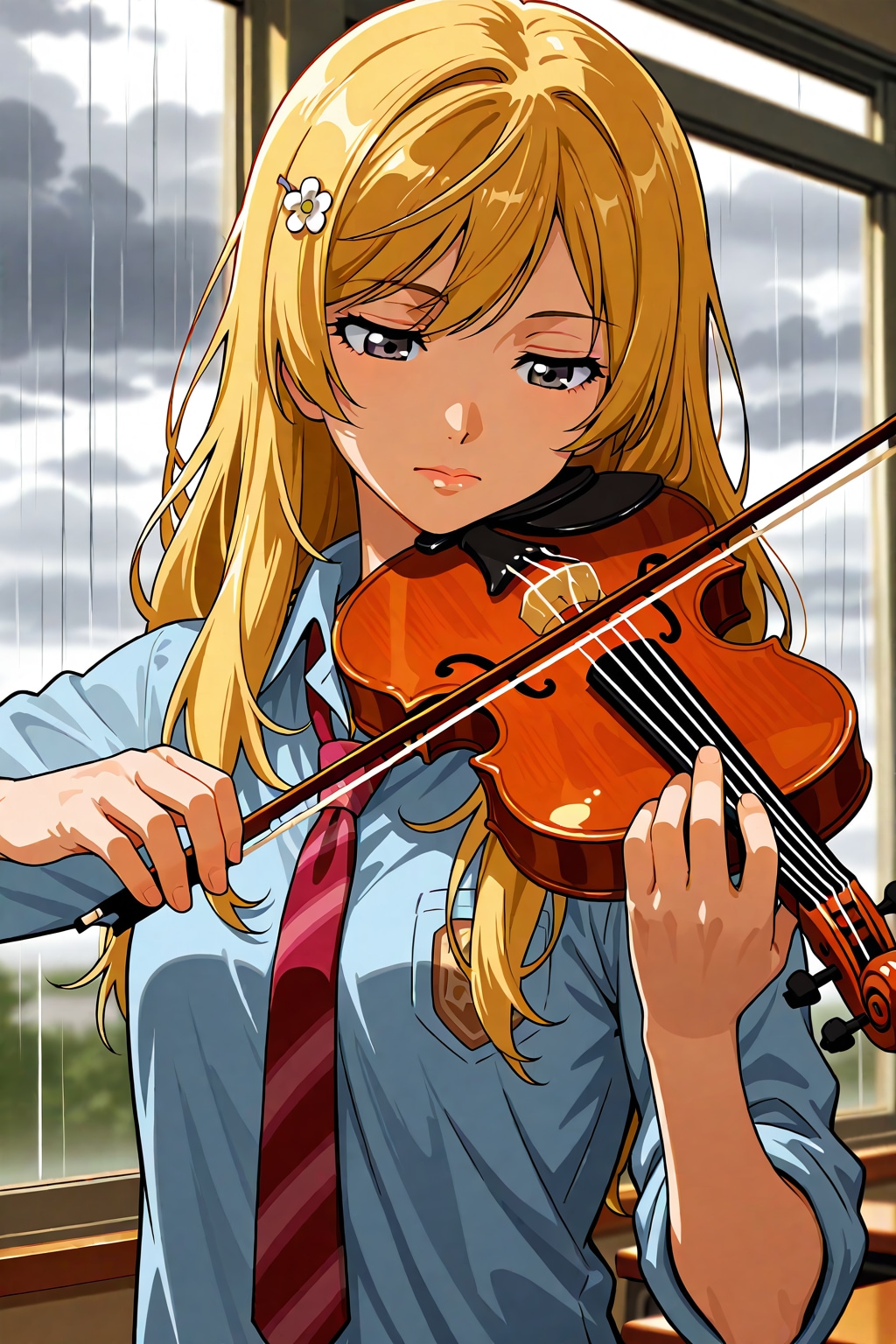 教室に響くのはバイオリンと雨の音だけ