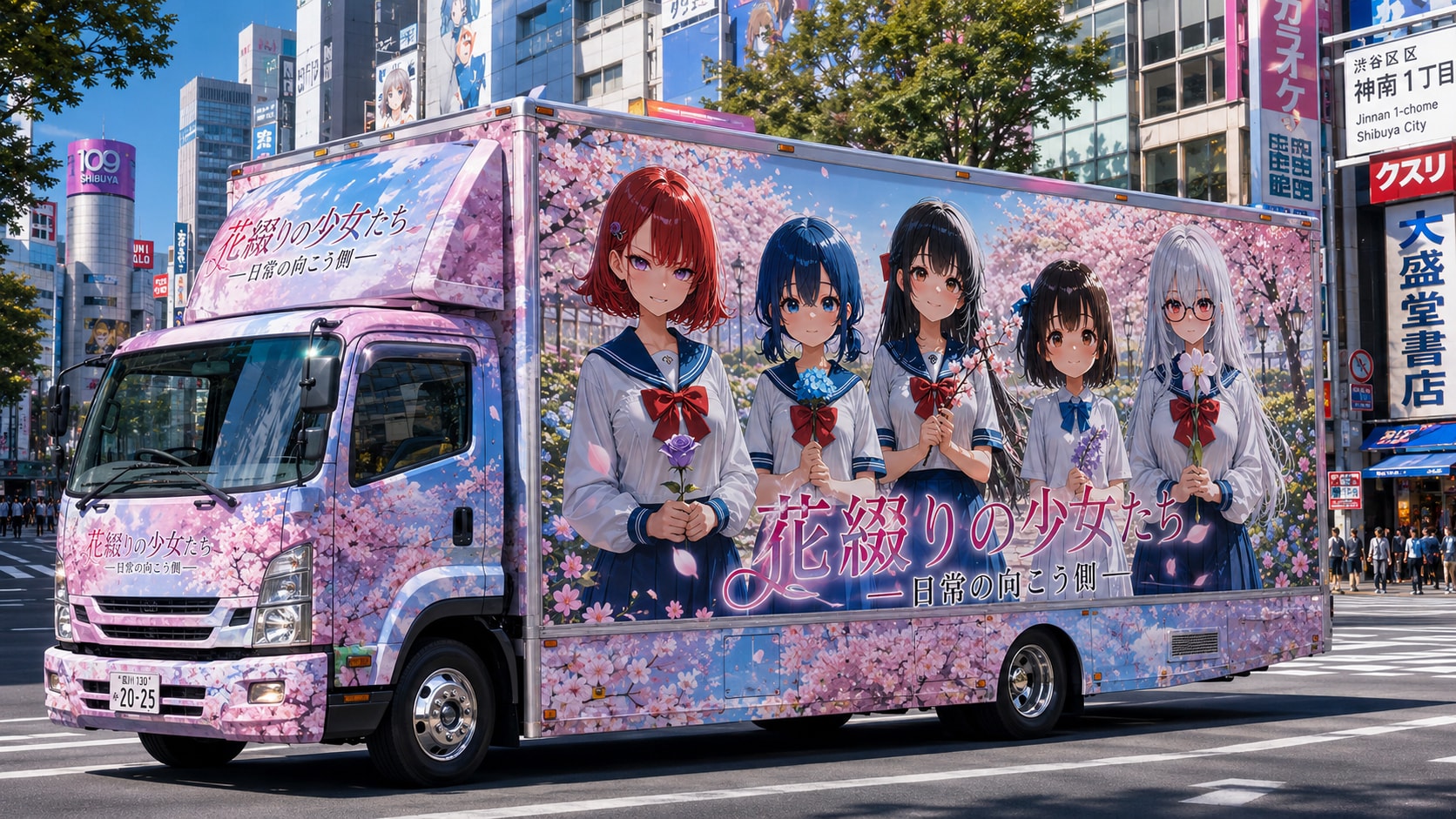 花綴りの少女たち、街を駆ける