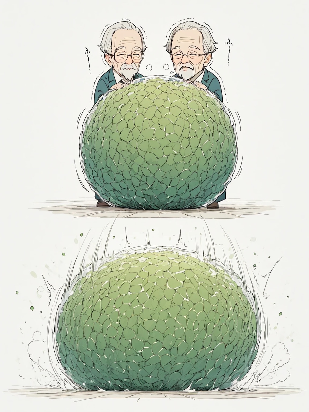 何か緑色の草玉みたいなのに吸い込まれる二人のおじい