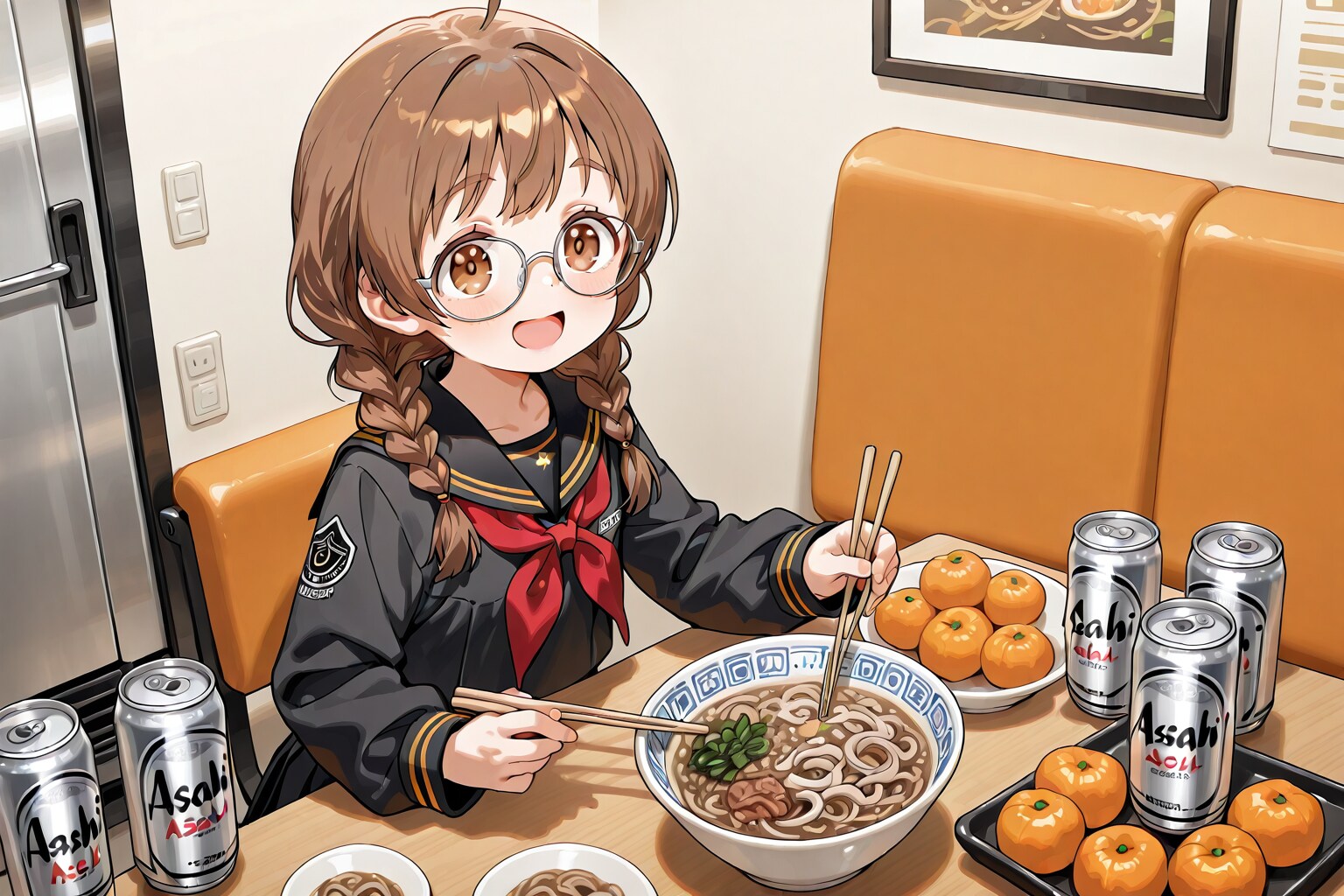 アルミ缶のそばにあるみかんとそば