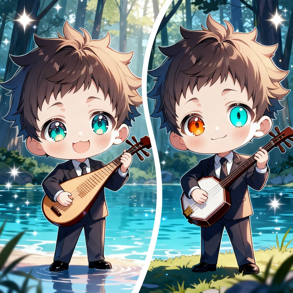 琵琶・三味線を演奏する少年