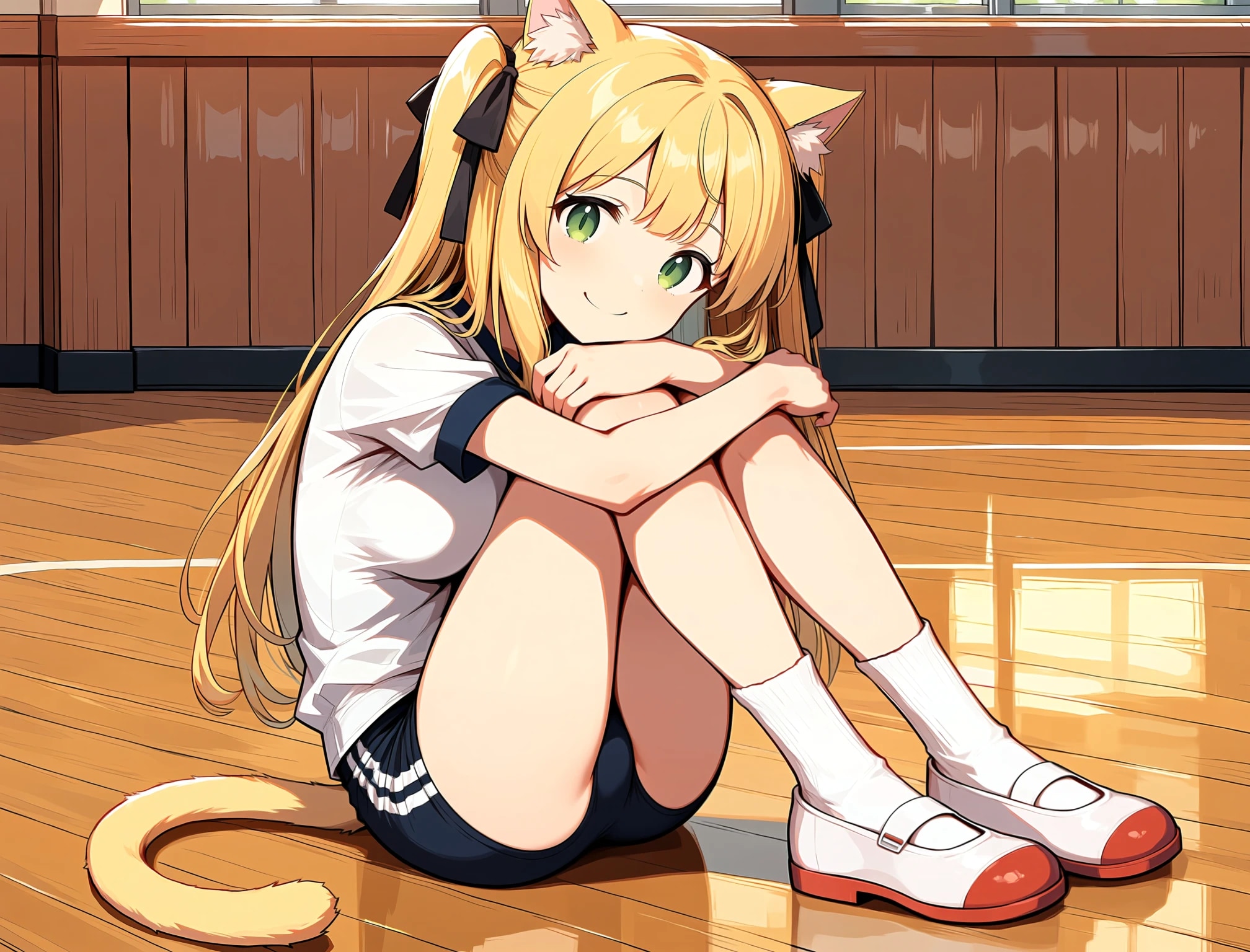 体育座りで微笑む猫耳の女の子