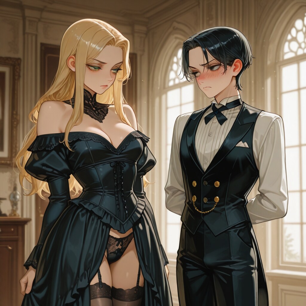 お嬢様)早く着させなさいよ、執事)ご自分でお願いします。