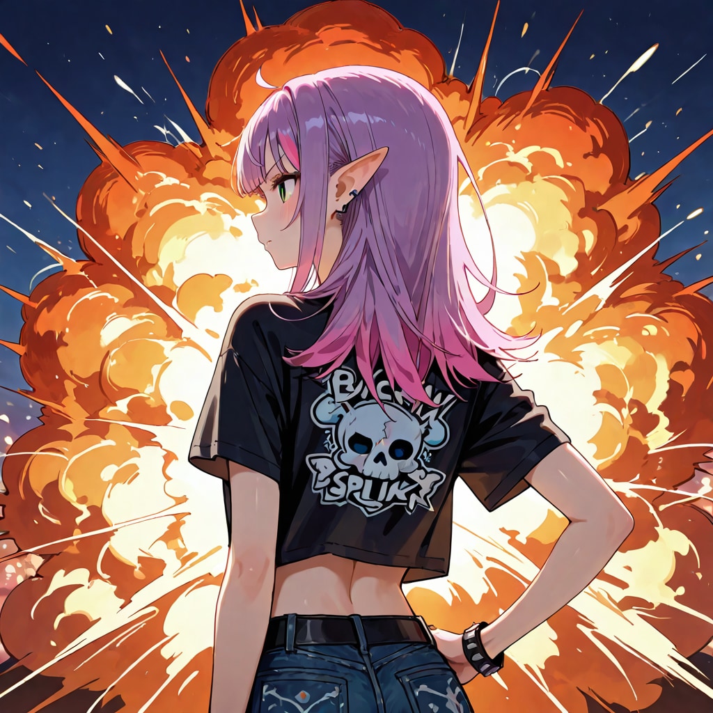 「パンクロッカーのエルフのうしろで大爆発」その２ | の人気AIイラスト・グラビア