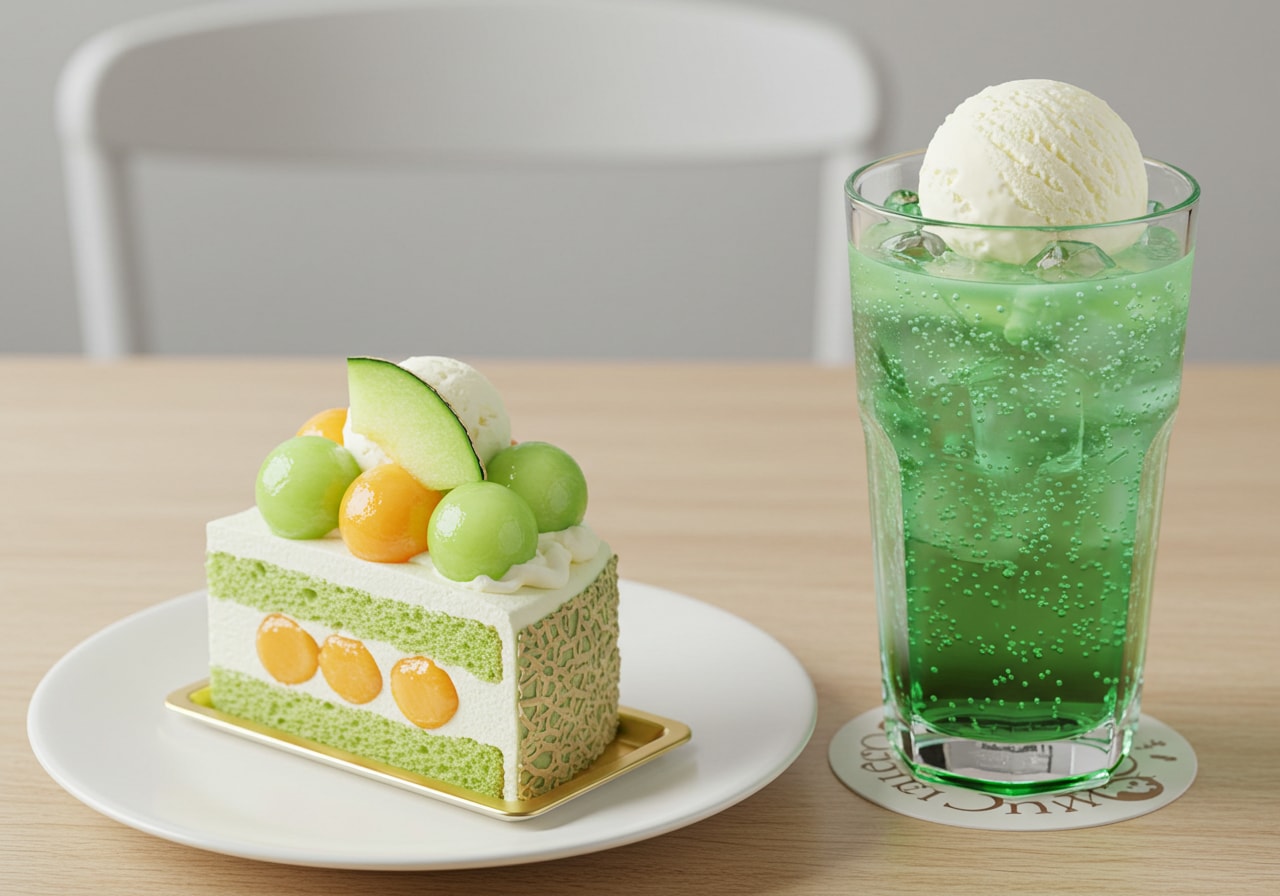デザートのメロンマスカットケーキとメロンソーダのセット