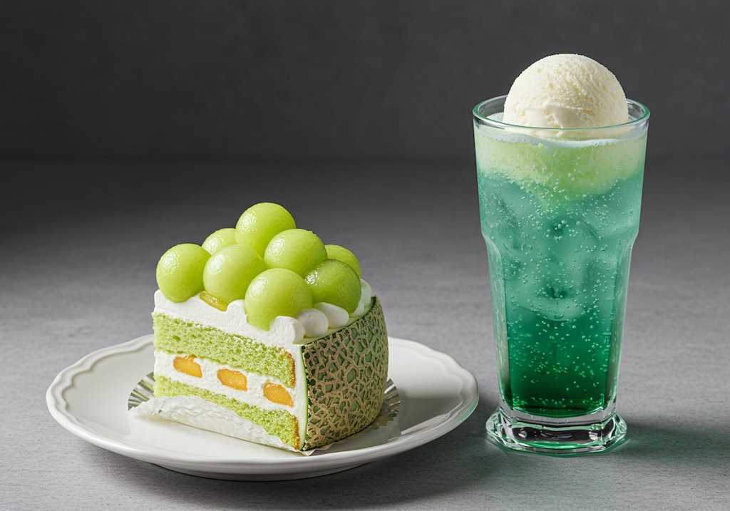 デザートのメロンマスカットケーキとメロンソーダのセット