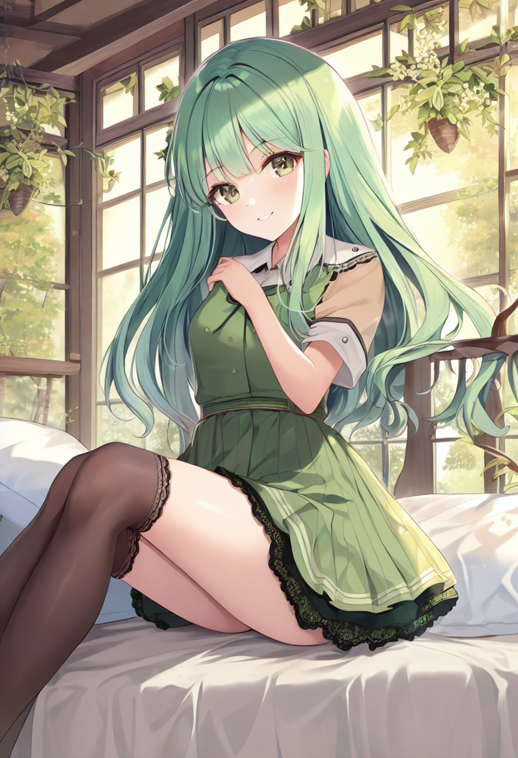 In a warmly lit wooden bedroom surrounded by forest mists