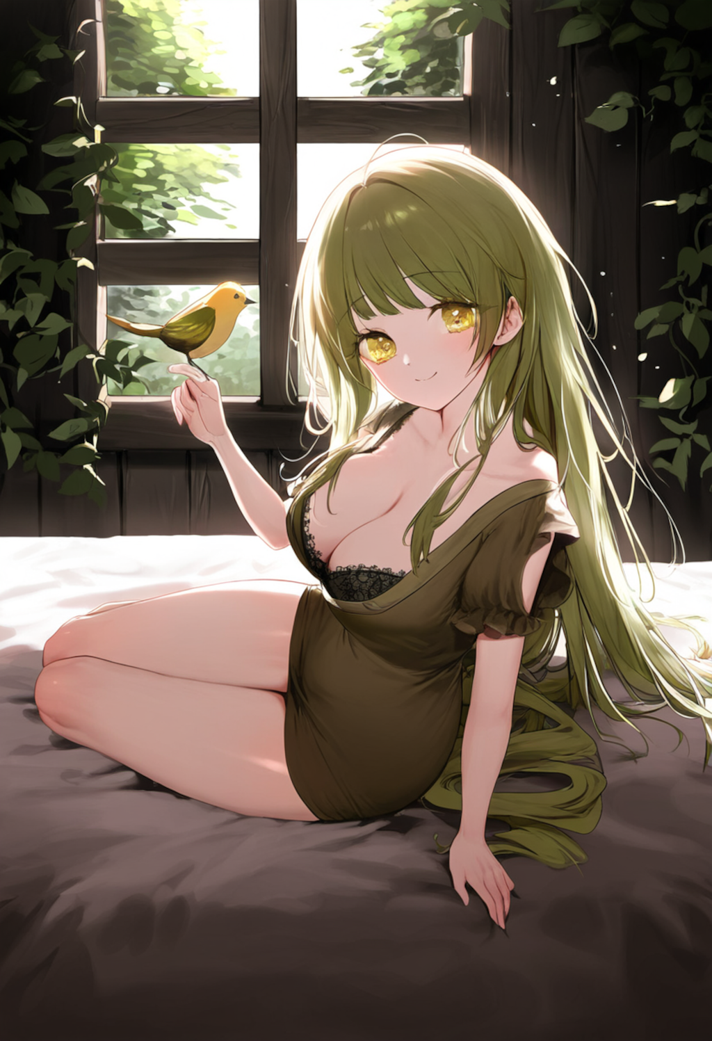 In a warmly lit wooden bedroom surrounded by forest mists