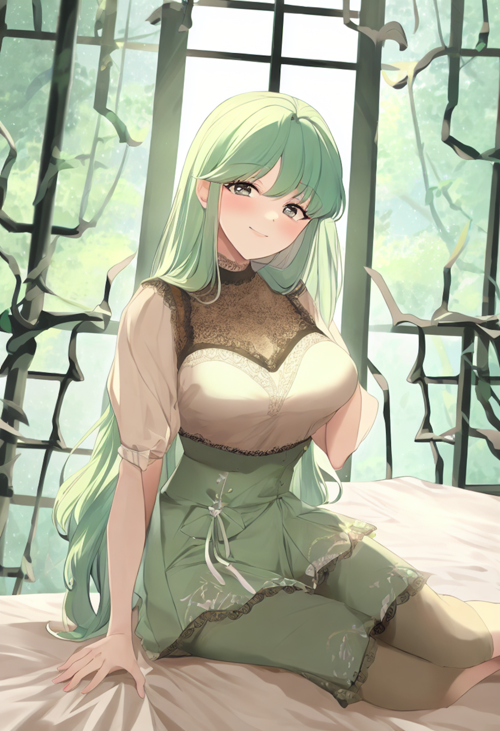 In a warmly lit wooden bedroom surrounded by forest mists