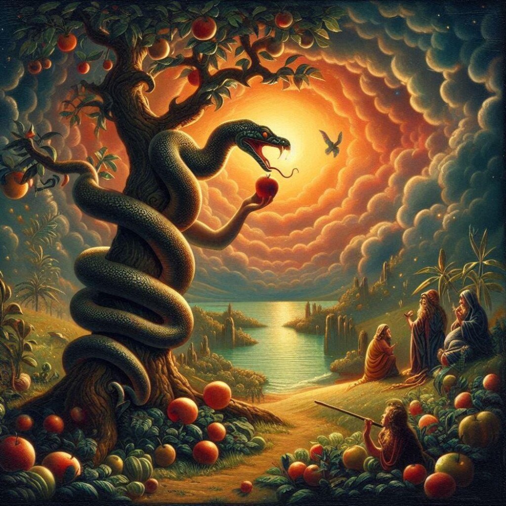 油絵ファンタジー、エデンの園のりんごを食べる蛇