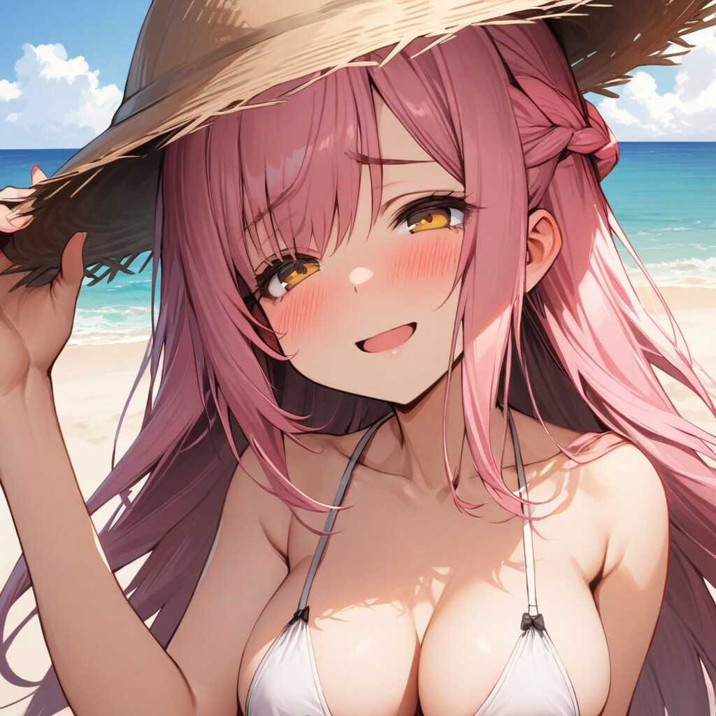 ピンク髪ちゃん海で麦わら帽子