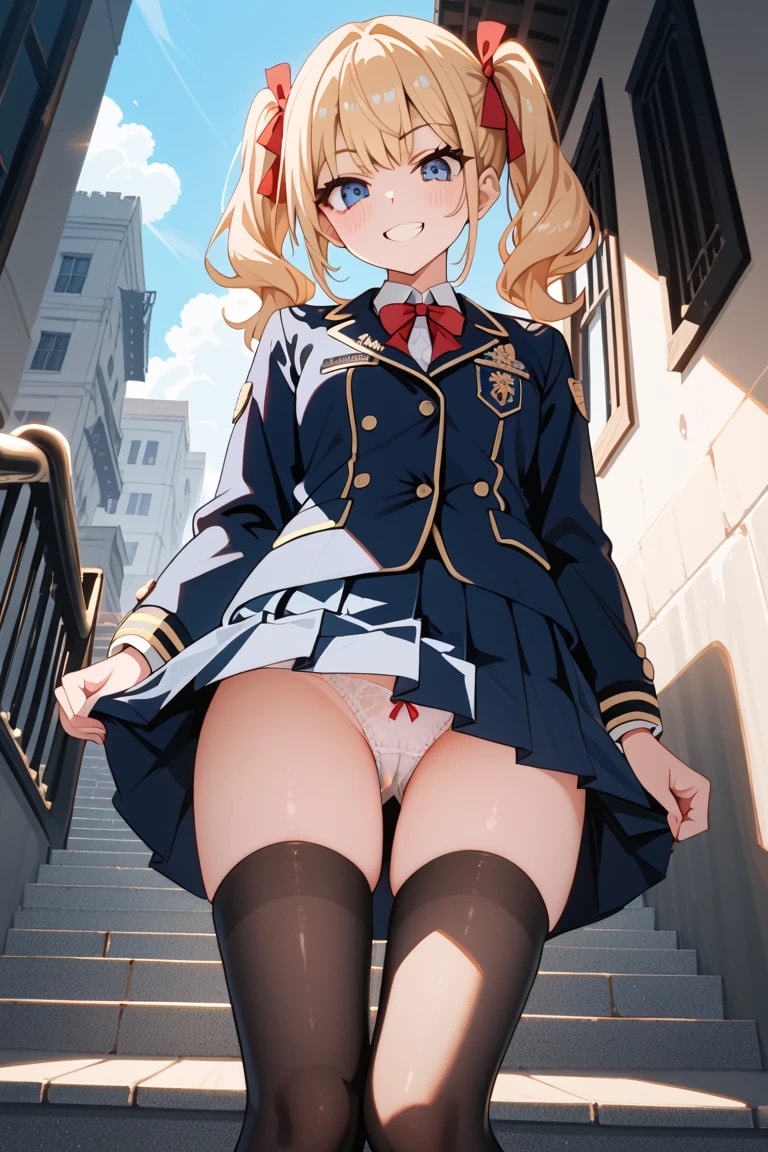 「見ないでよぉ…」金髪ツインテJKの階段逆さパンチラ❤️🍑