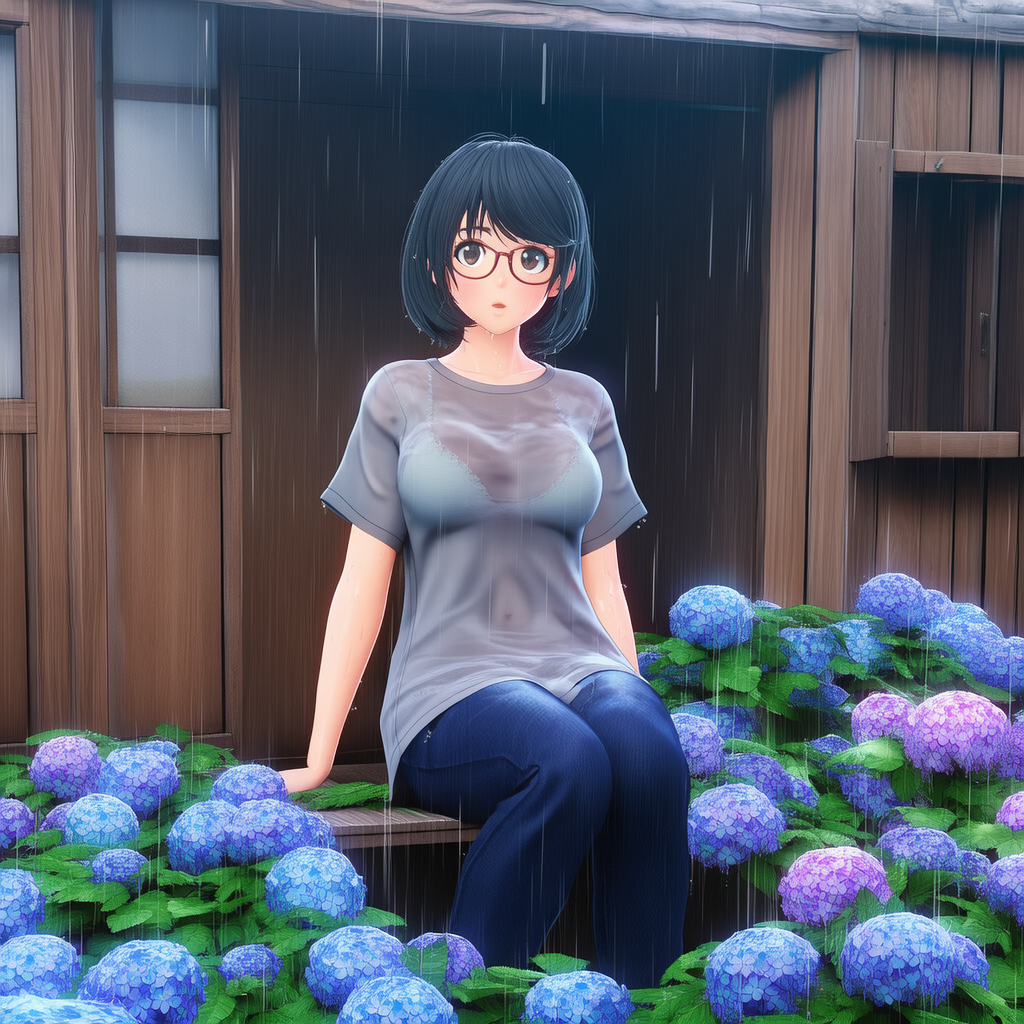 雨で濡れる眼鏡の女性