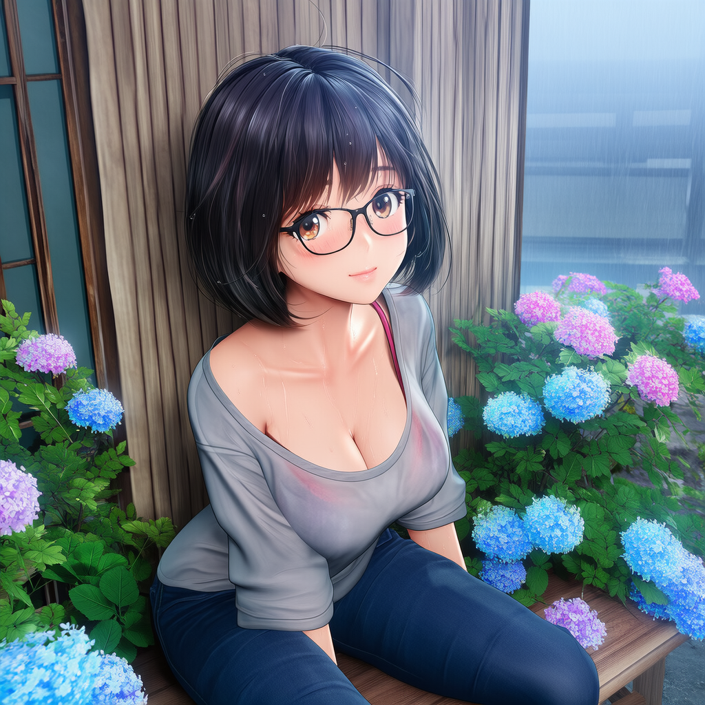 雨で濡れる眼鏡の女性