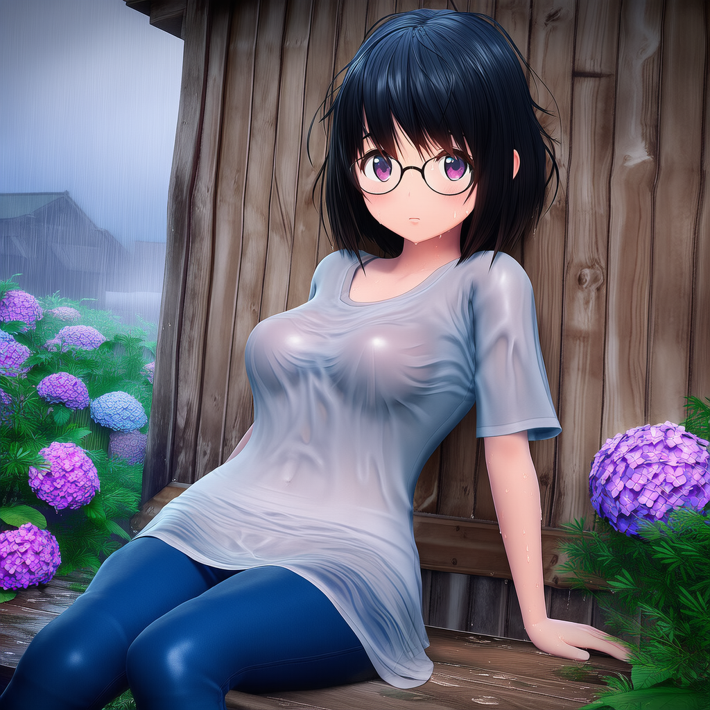 雨で濡れる眼鏡の女性