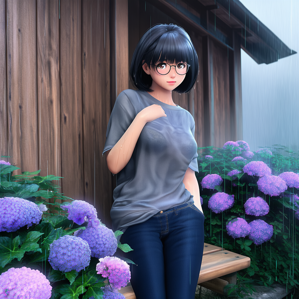 雨で濡れる眼鏡の女性