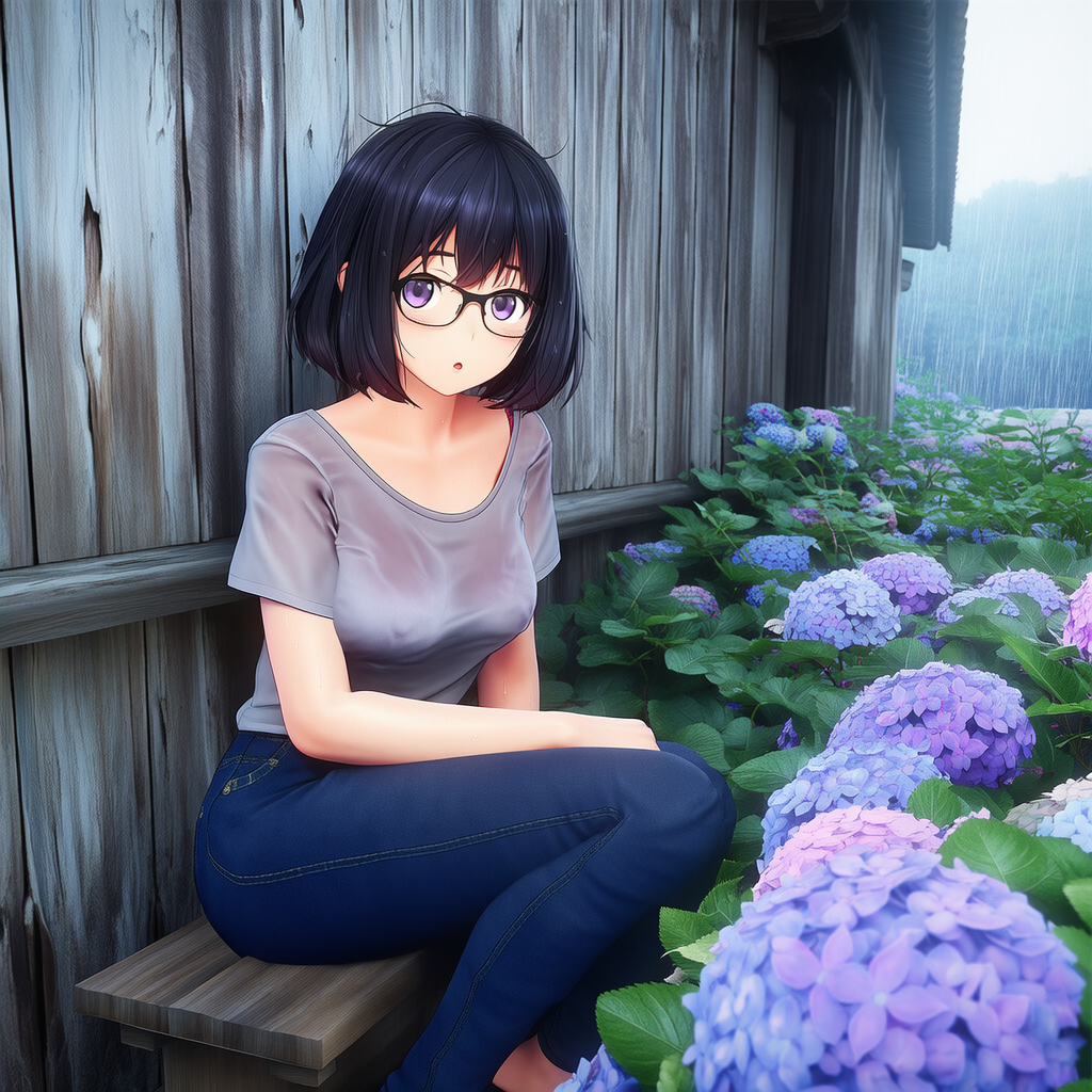 雨で濡れる眼鏡の女性