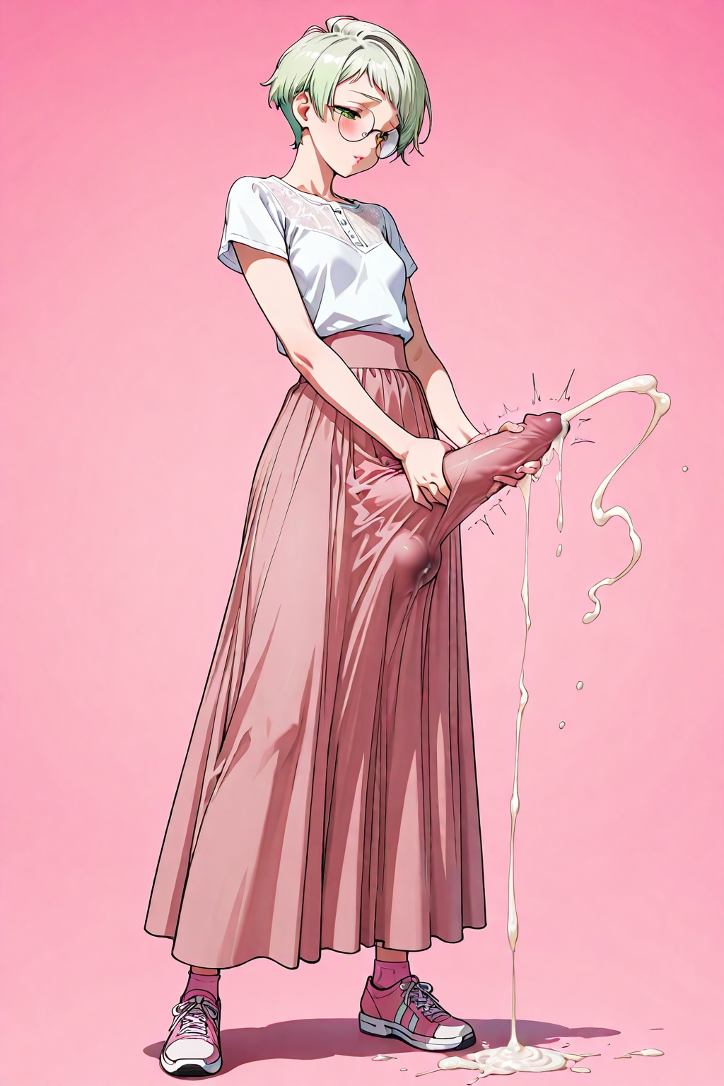 Midori ejaculating in her pink skirt