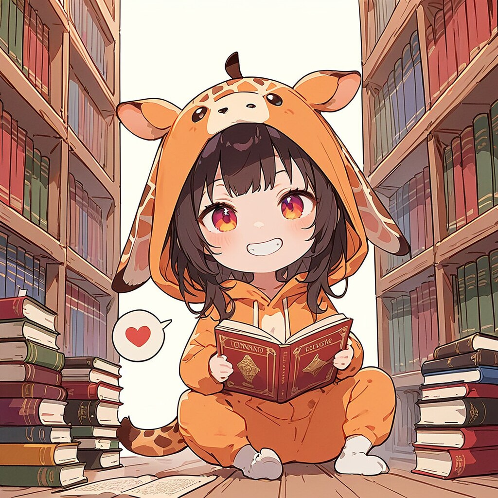 図書館で読書するキリン着ぐるみちび子ちゃん