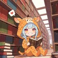 図書館で読書するキリン着ぐるみちび子ちゃん 2枚目