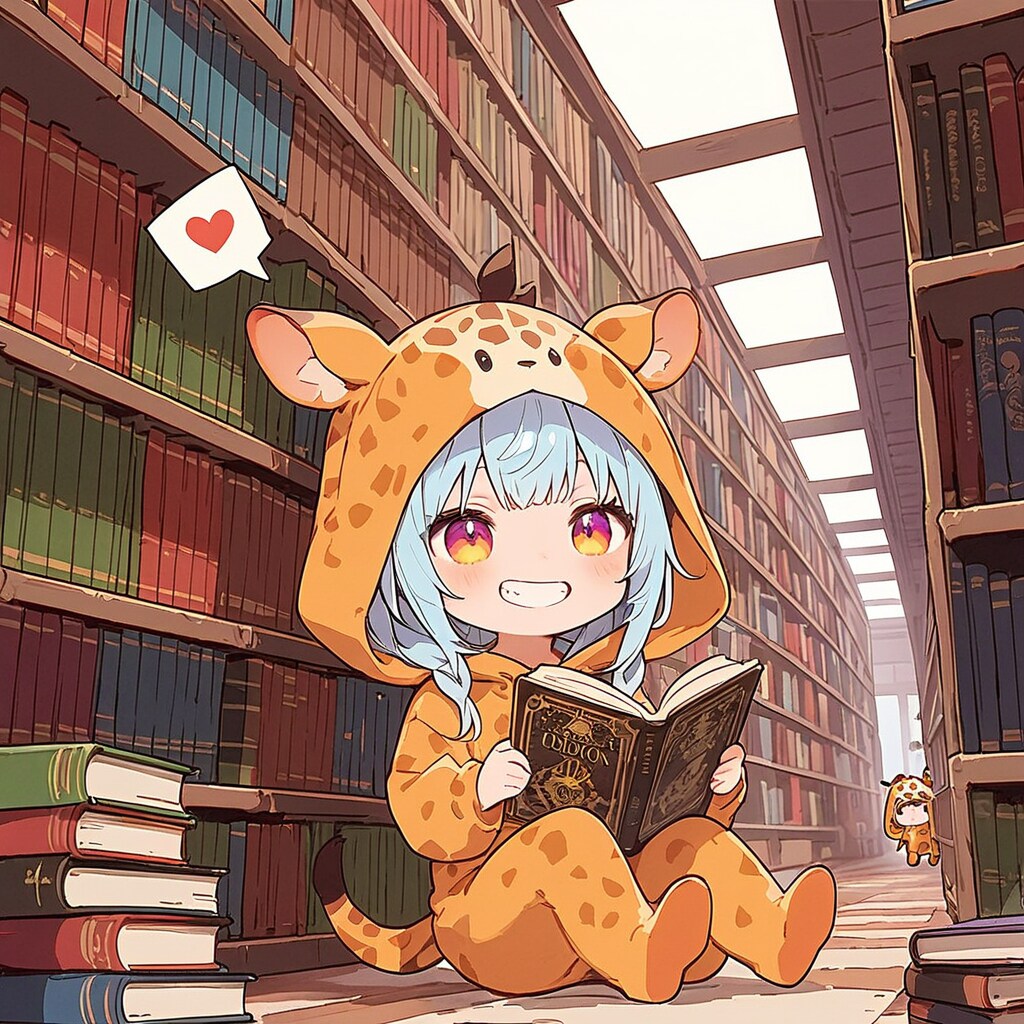 図書館で読書するキリン着ぐるみちび子ちゃん