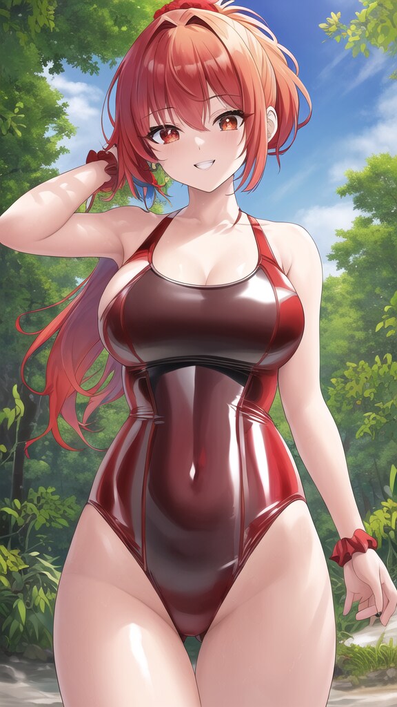 スク水赤髪ポニーテール美女