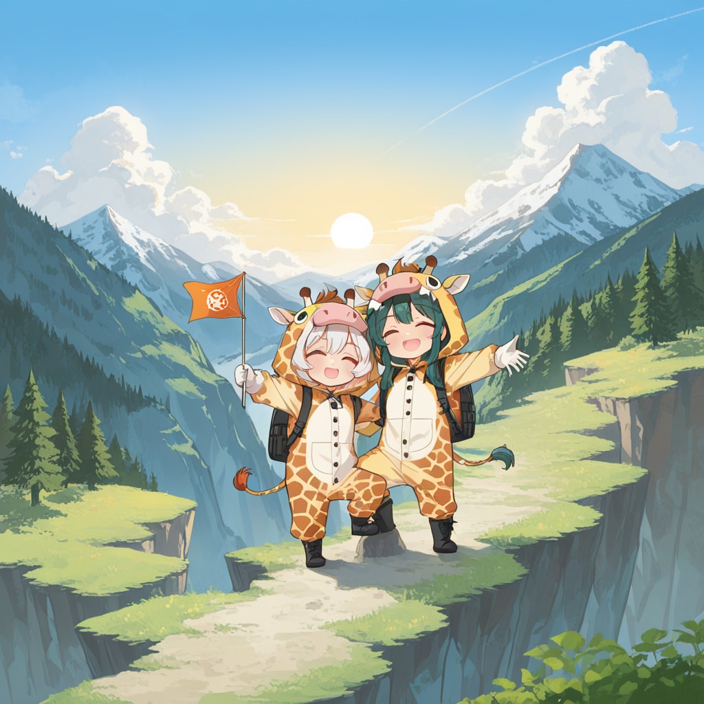 山に登るキリン着ぐるみちび子ちゃん