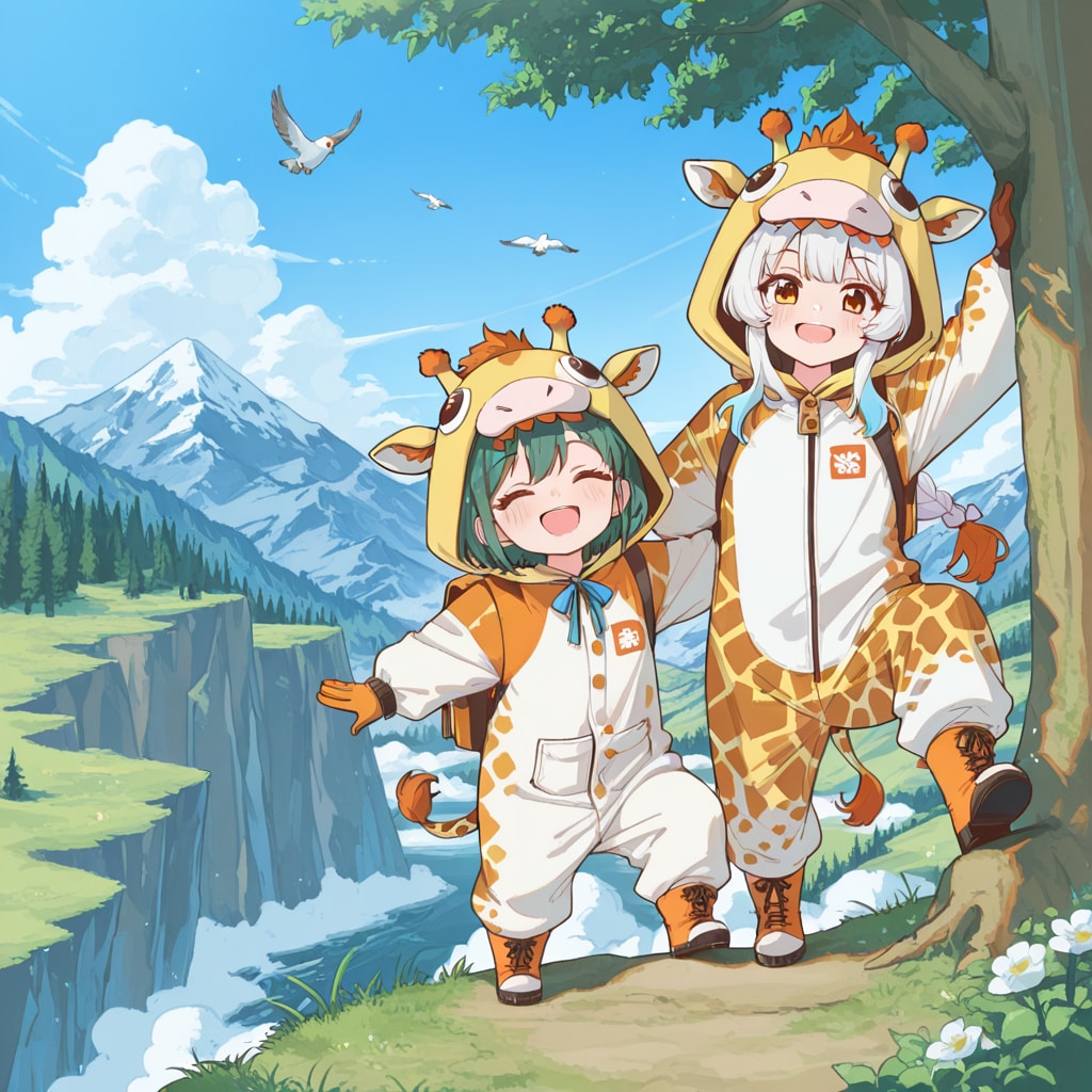山に登るキリン着ぐるみちび子ちゃん