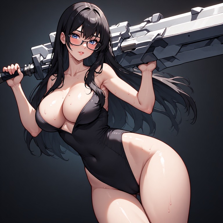 黒髪メガネ　巨大武器