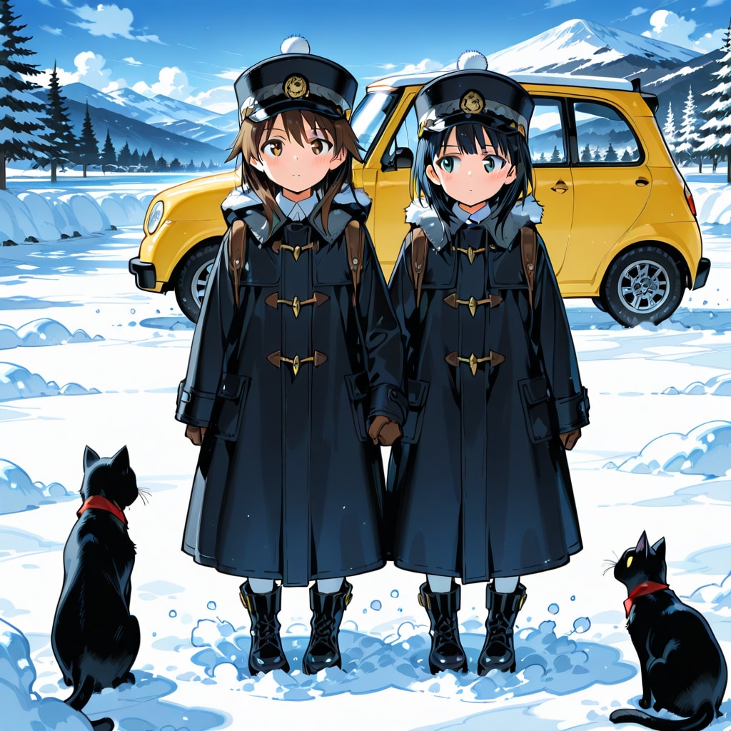 雪と車と双子と猫