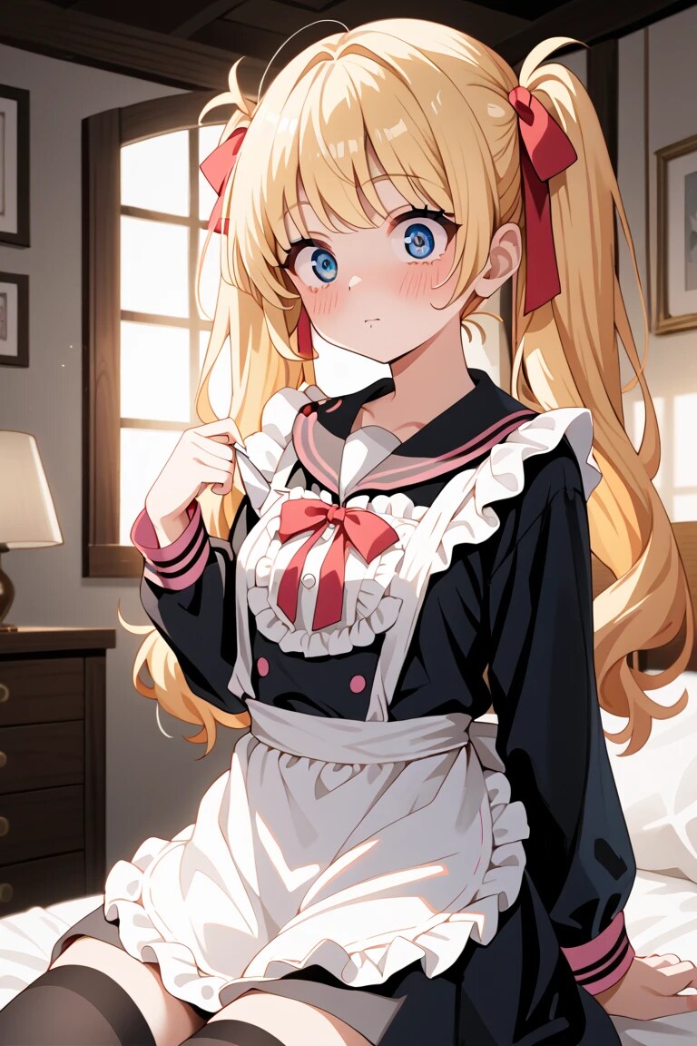 「えっ…！？」金髪ツインテメイド莉奈のベッドで照れ顔♡ | の人気AIイラスト・グラビア