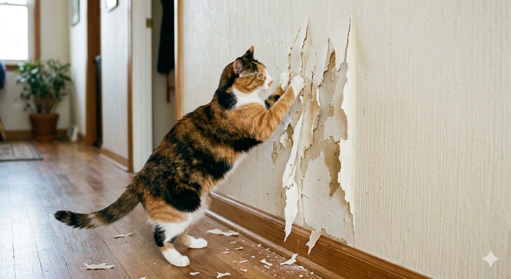 壁をガリガリする猫