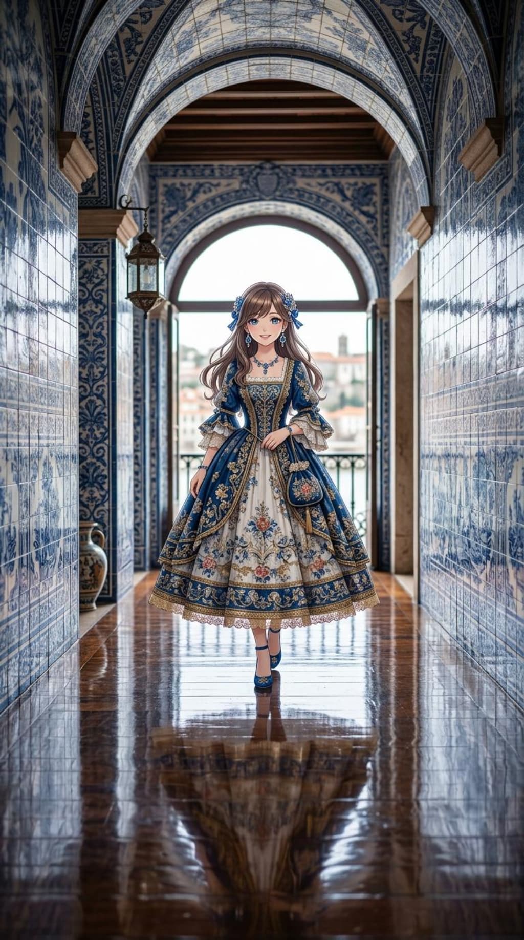 アズレージョタイルの回廊を歩く令嬢