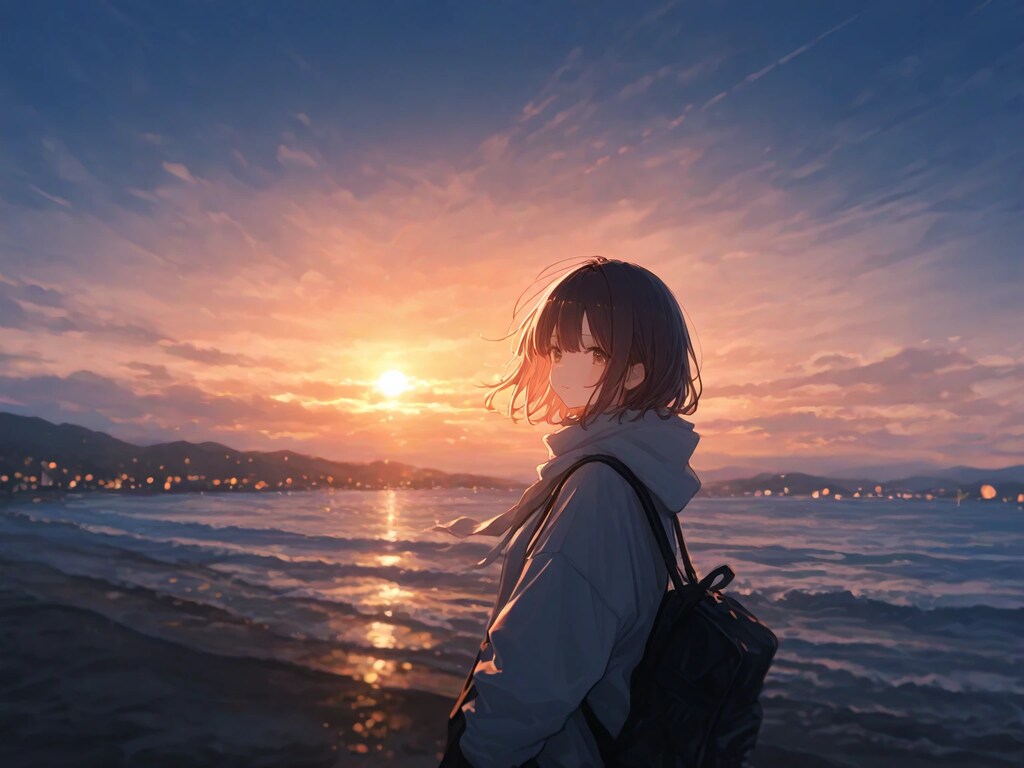 冬の海と夕陽