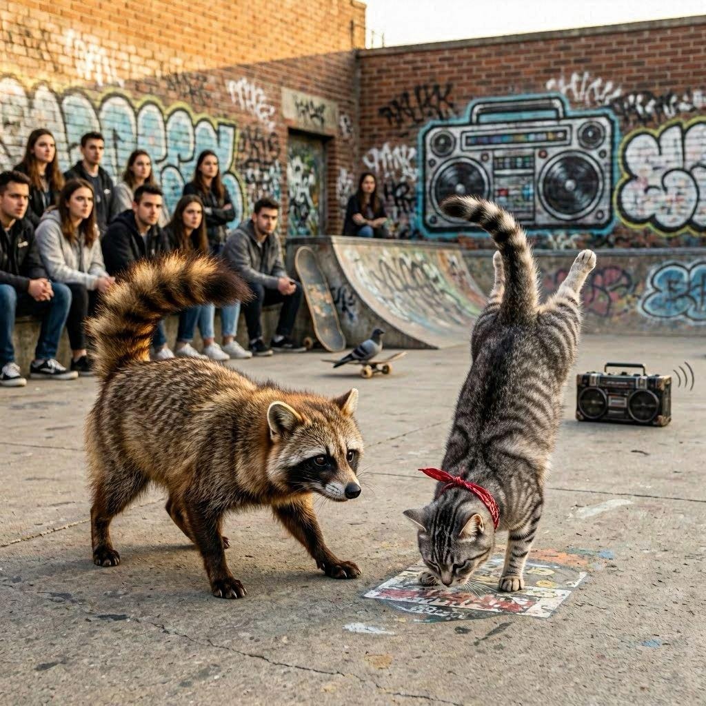 タヌキと出会う猫