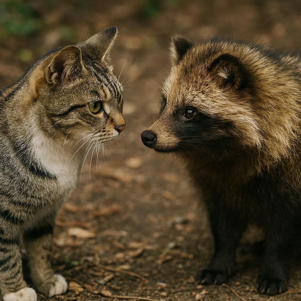 タヌキと出会う猫
