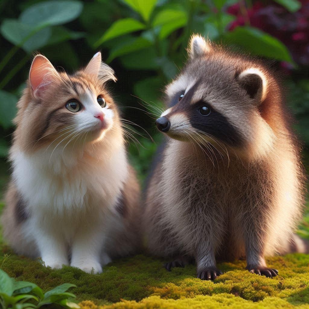 タヌキと出会う猫
