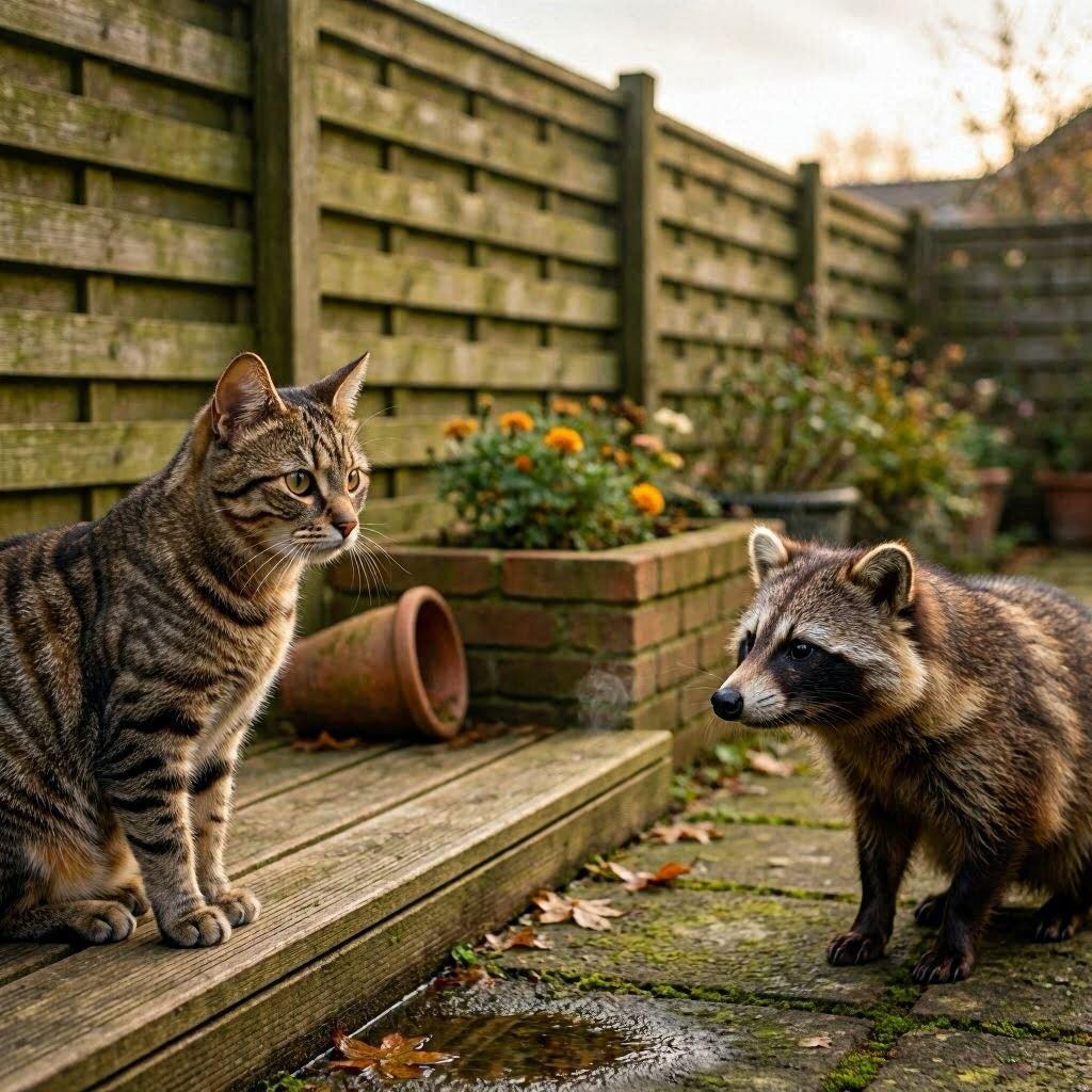 タヌキと出会う猫