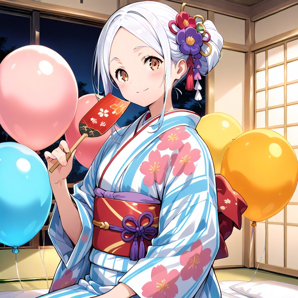 和室でいっぱい風船を持つ白い髪ロングの浴衣着た美女。 | の人気AIイラスト・グラビア
