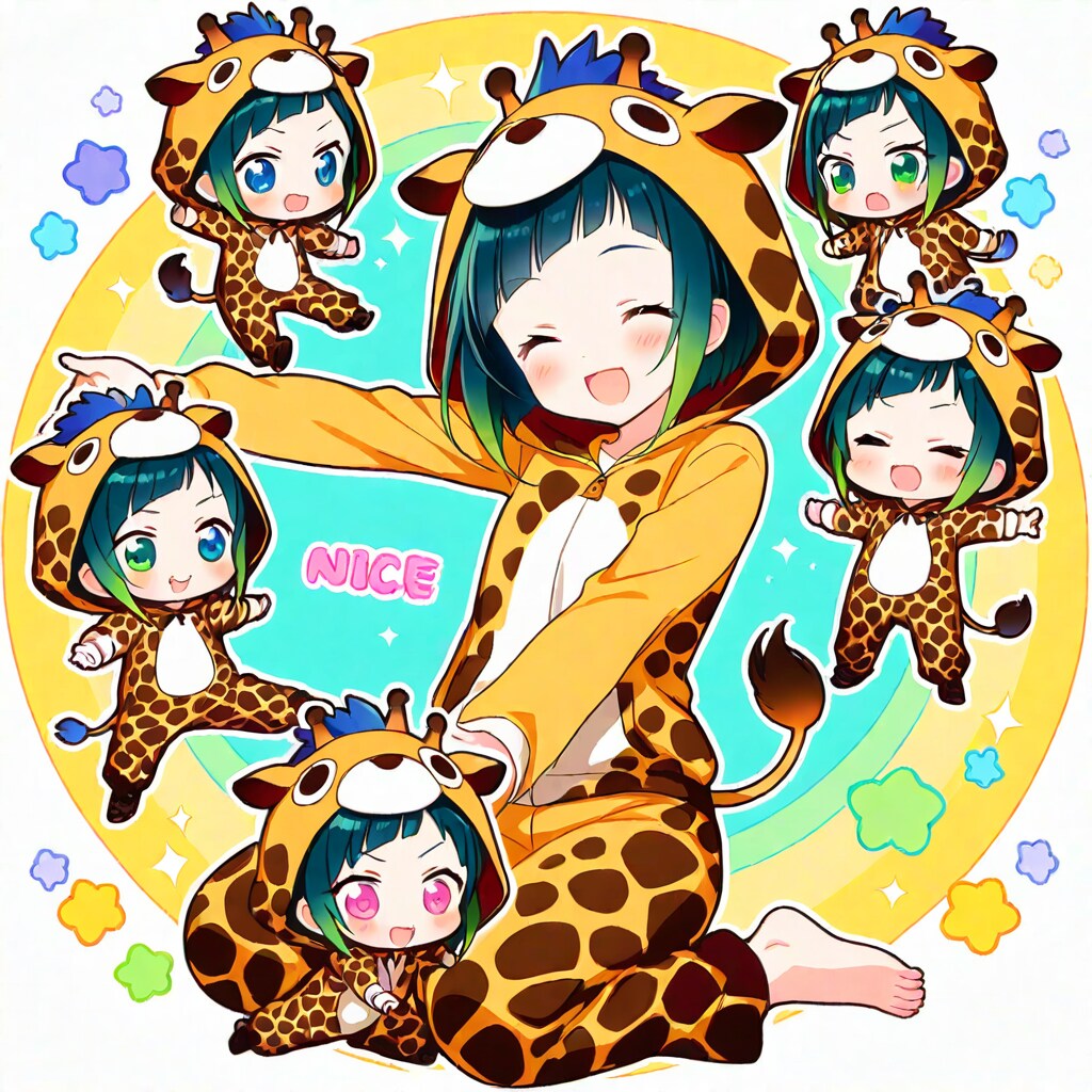 ポーズをとるキリン着ぐるみお姉さんとちび子ちゃんたち