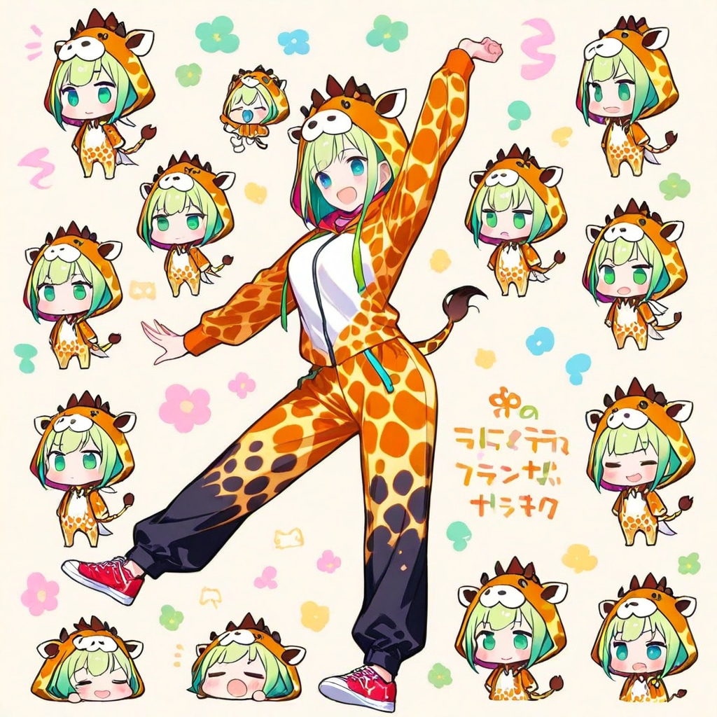 ポーズをとるキリン着ぐるみお姉さんとちび子ちゃんたち