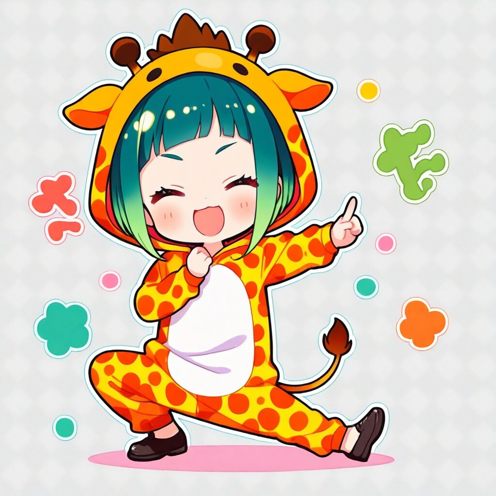 ポーズをとるキリン着ぐるみお姉さんとちび子ちゃんたち