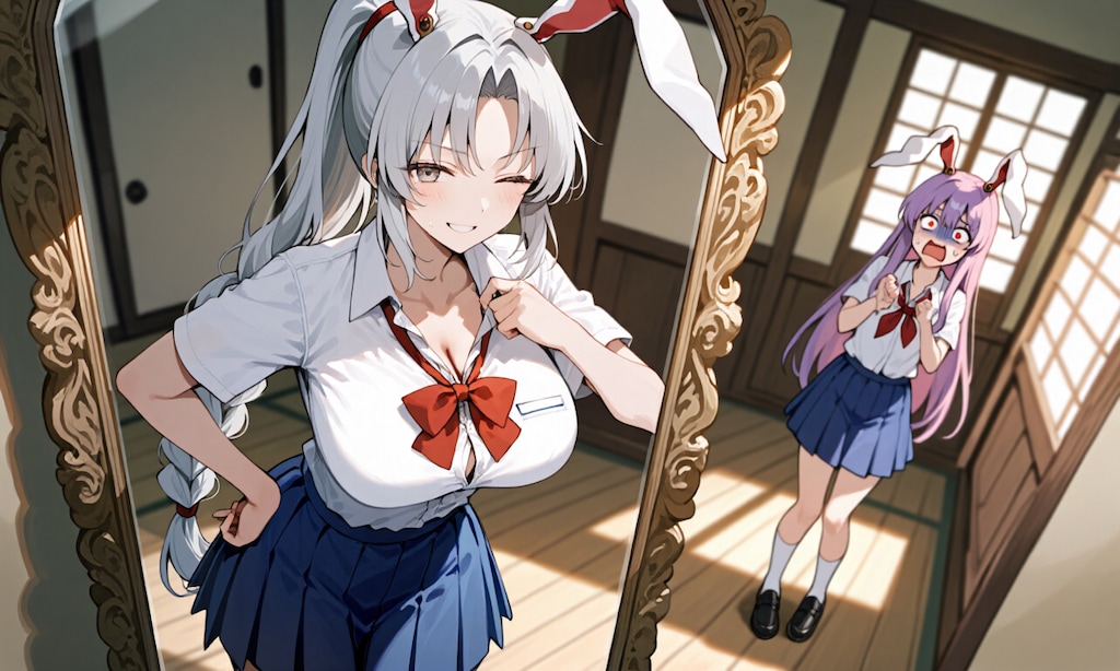 えーりんが勝手にうどんげの夏セーラー服を着て鏡でキメてたらうどんげにバレてドン引かれてる1枚