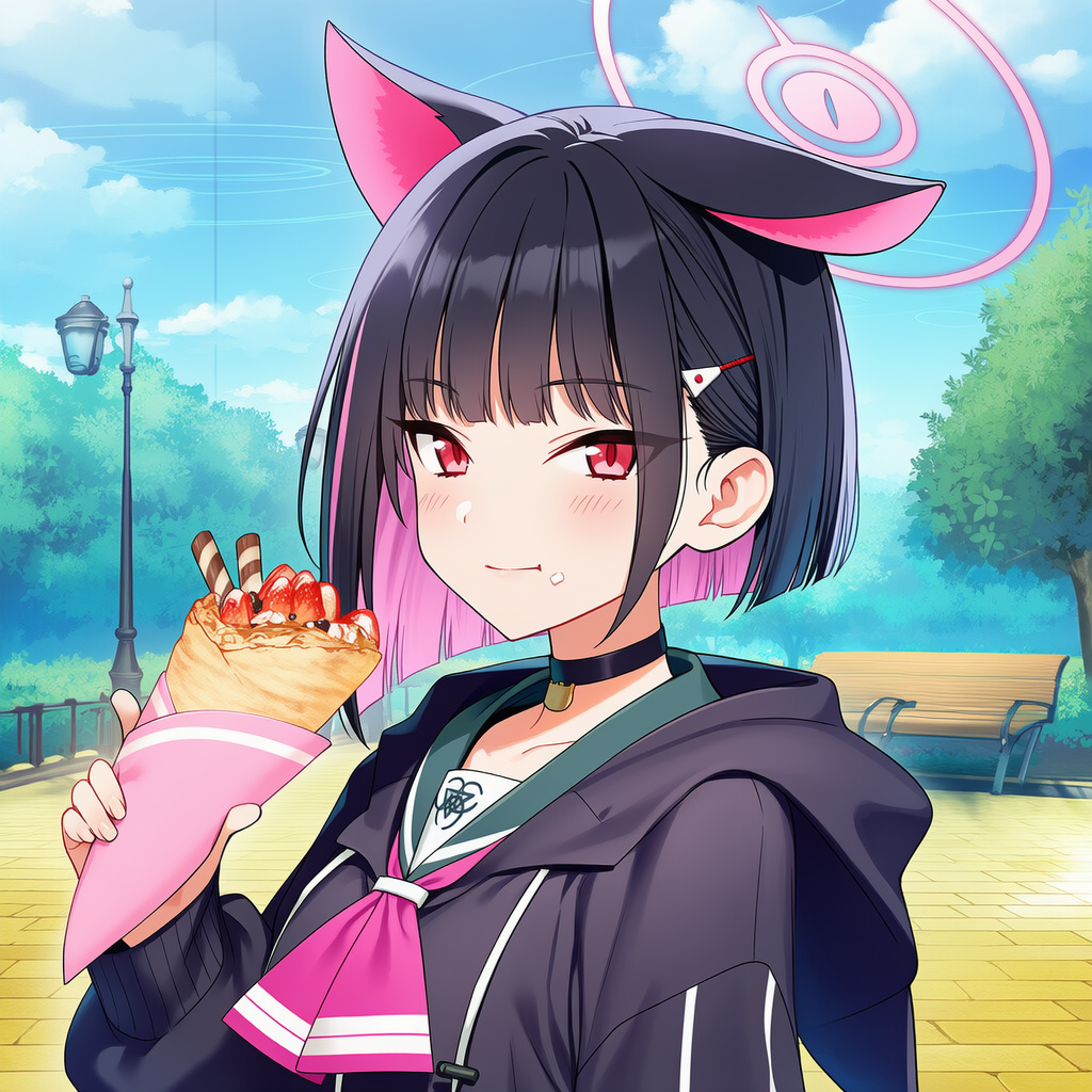 公園でクレープを食べるカズサ