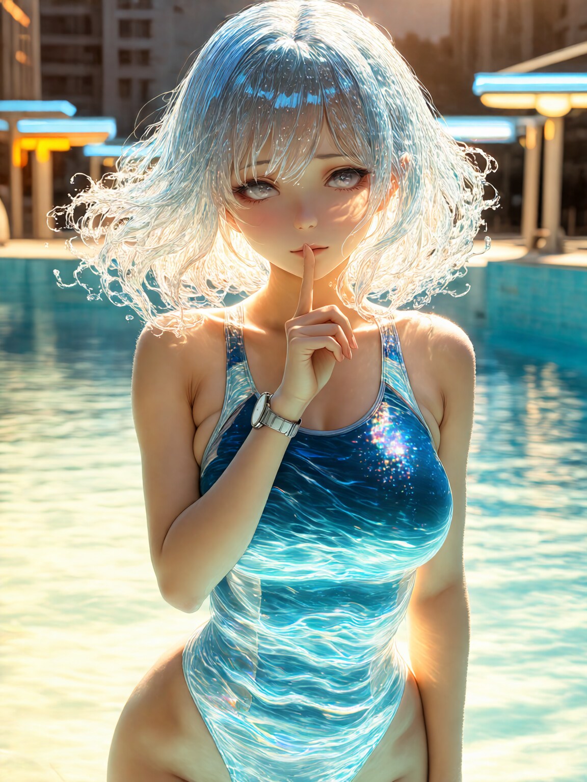 この水の流れが映るプロジェクションマッピング水着ｗな女の子のボツ画を土台に以前投稿の水の精霊ウンディーネちゃんのイラストを生成♪