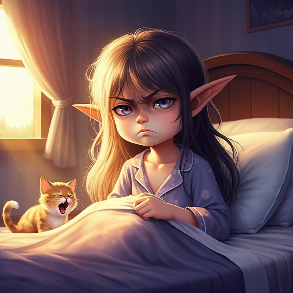 朝の機嫌は最悪！エルフ少女の寝起きバトル | の人気AIイラスト・グラビア