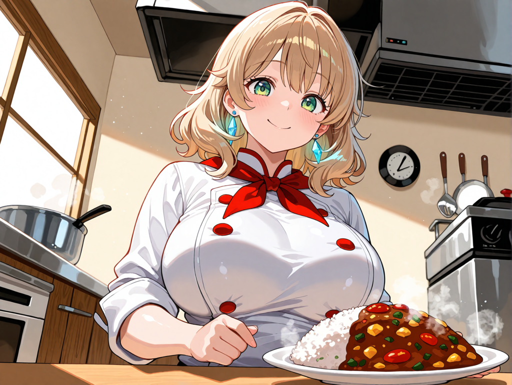 学園の緊急要請で冷やスパカレーのレシピ開発をする柚月さん