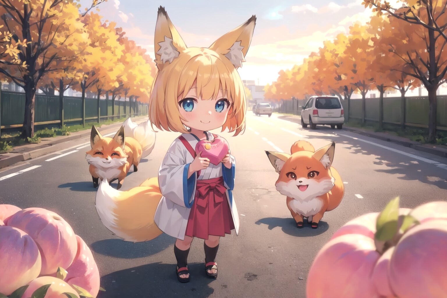 狐ちびちゃん「桃を貰えると聞いて参りました」。 | の人気AIイラスト・グラビア