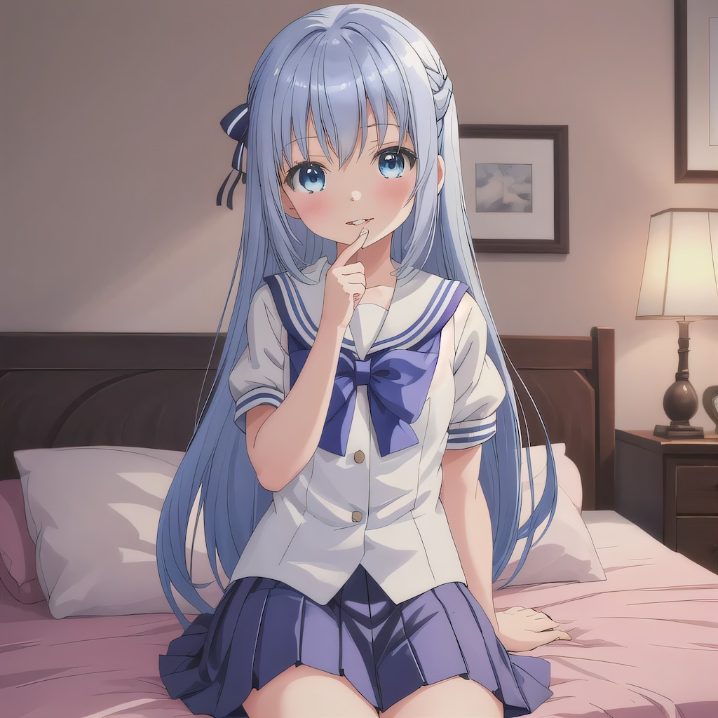 青髪ロングで寝室の少女２